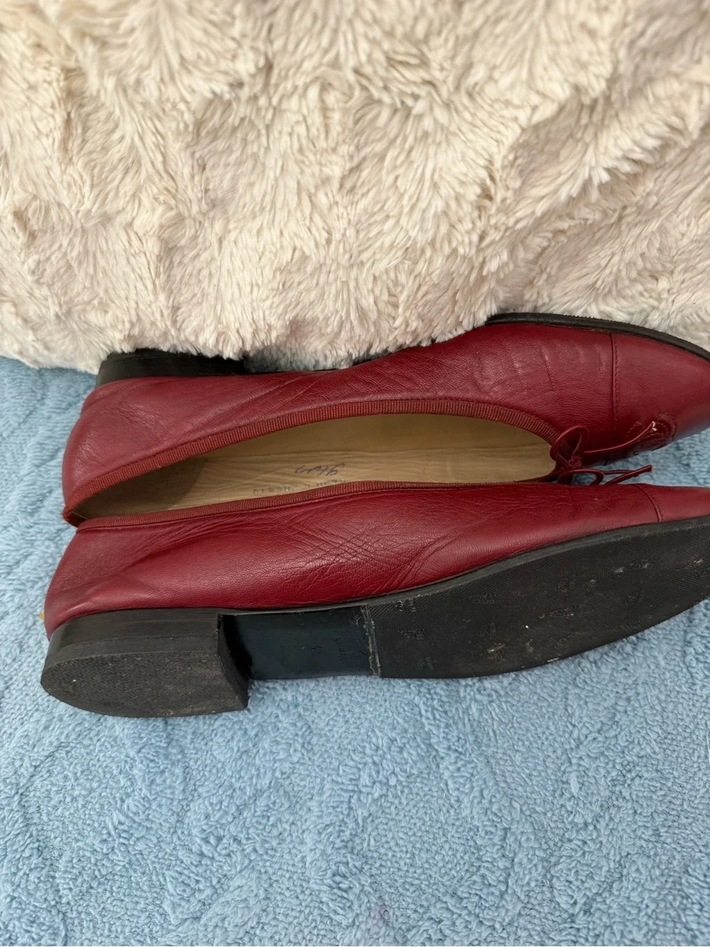 CHANEL Burgundy Leather Ballet Flats with CC Toe Emblem